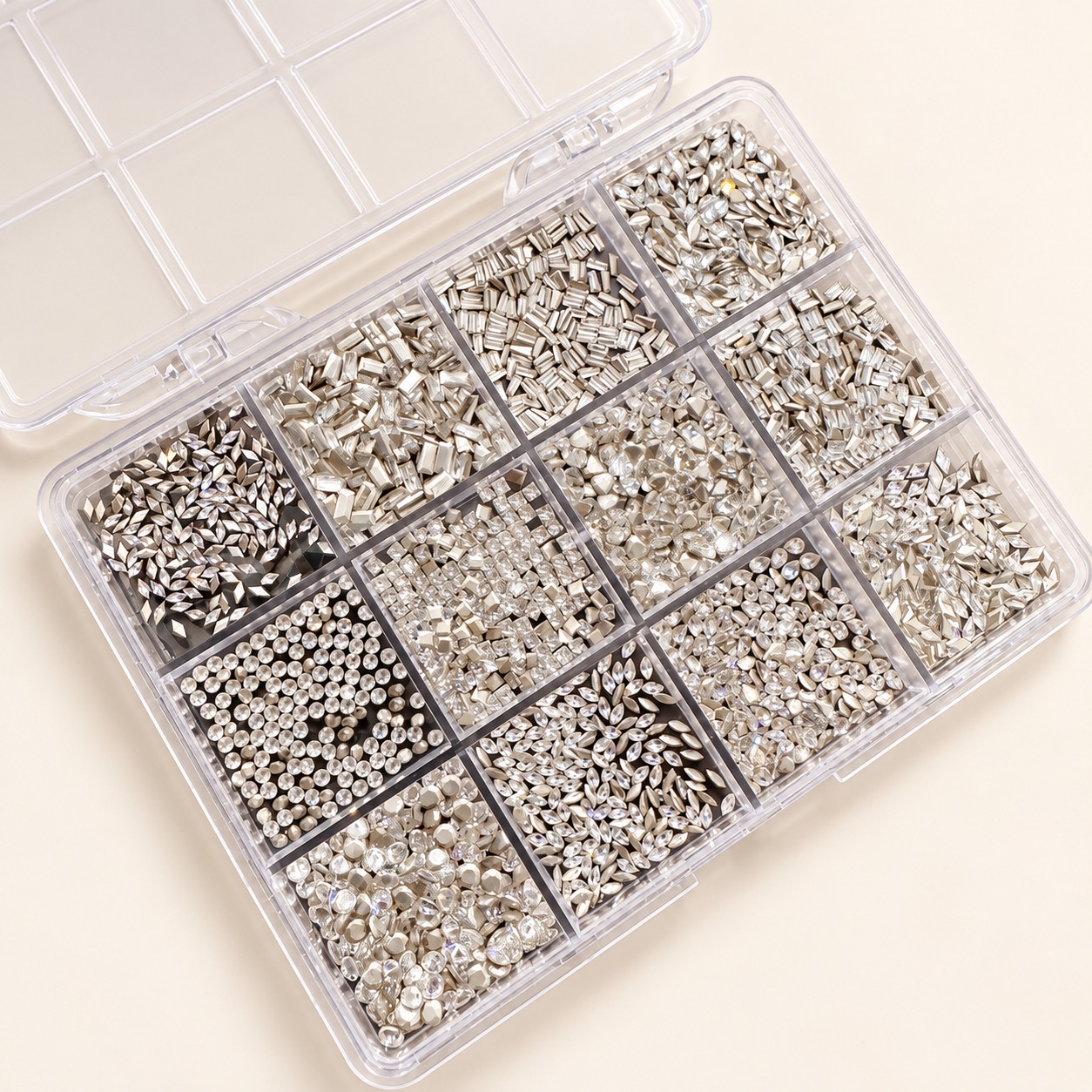 Approx. 1,900 Mini Clear Nail Rhinestones — 12-Compartment Box