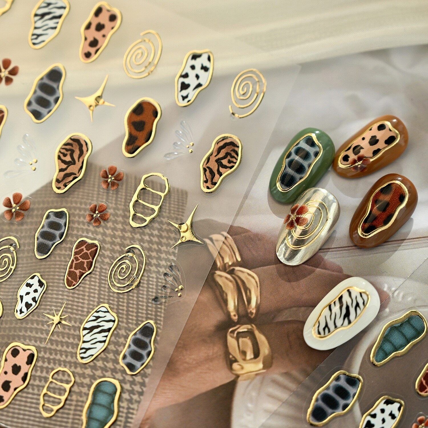 Leopard and Gold Frame Nail Stickers — 1 Sheet