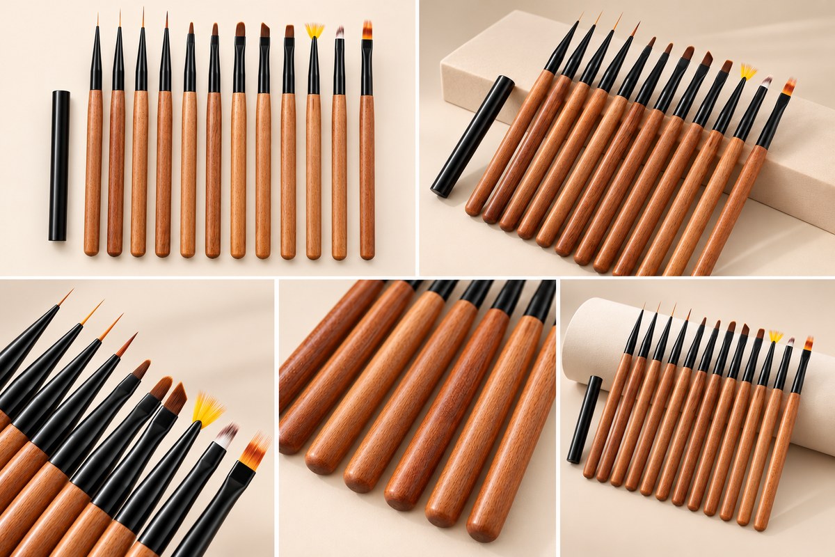 GLAZEM Sandalwood Nail Art Brush Set – Round-Head Blending & Liner Brushes | Artist Supply