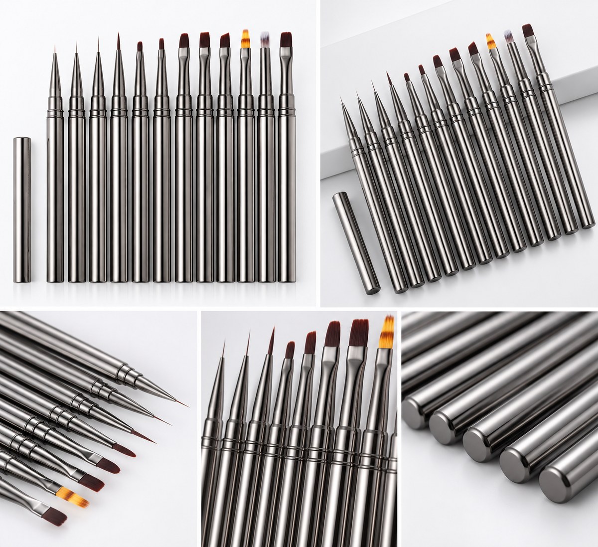 GLAZEM Japanese Pattern Brush Set – 12-Piece Gunmetal Handle Nail Art Brushes | Artist Supply