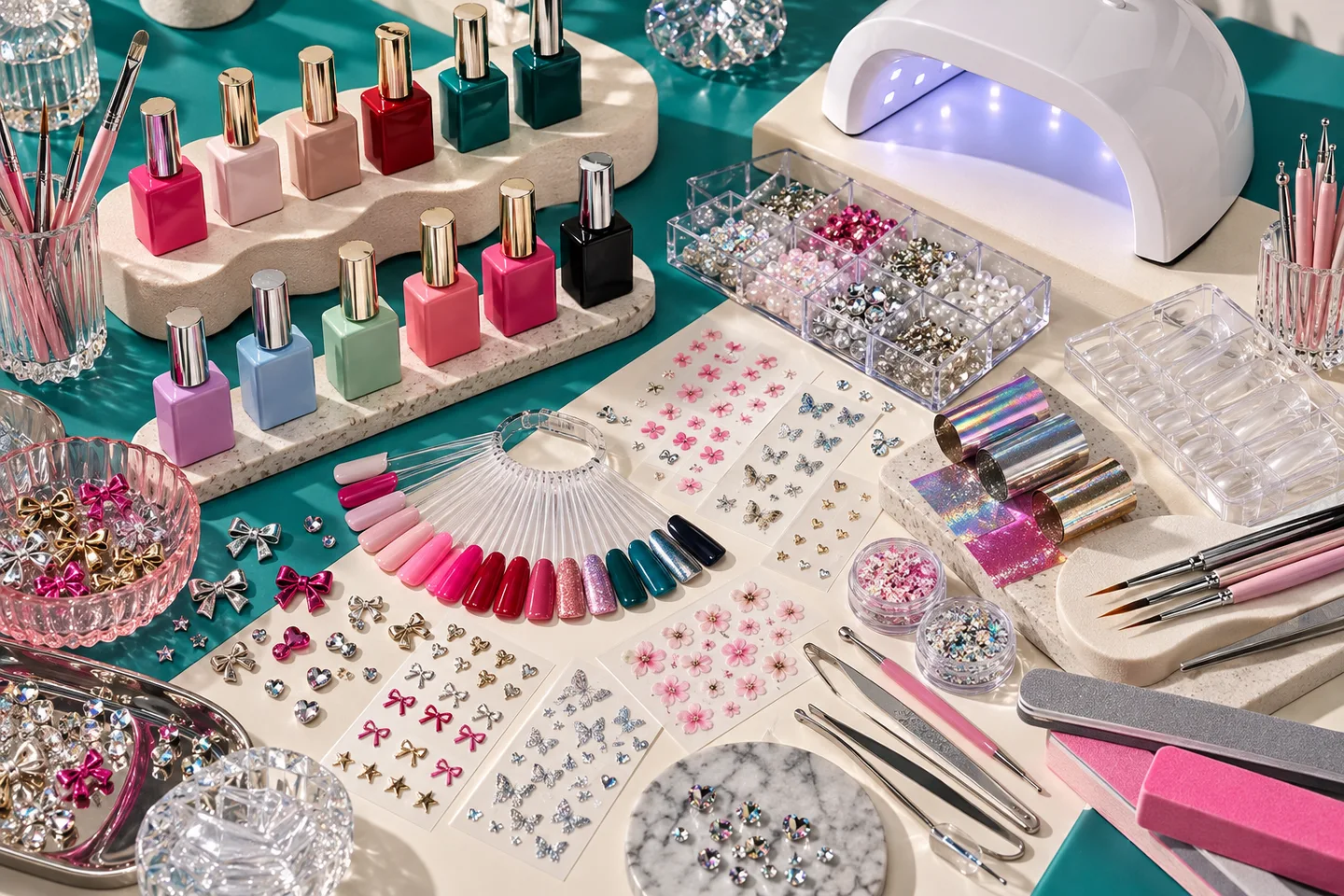 Concept nail art studio collection with colours, swatches, stickers, foils, charms, tips, brushes and a nail lamp